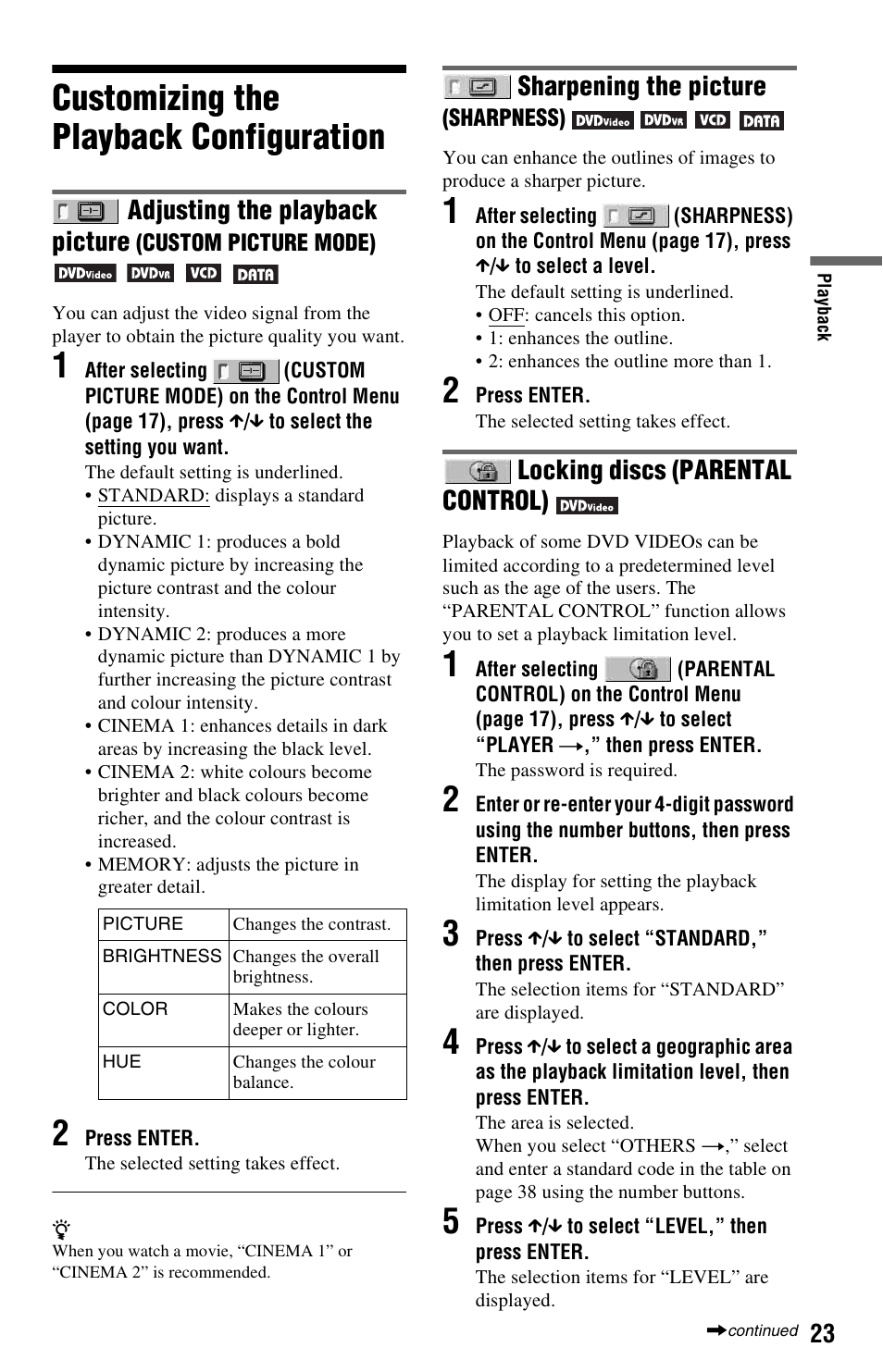 Customizing the playback configuration, Sharpening the picture (sharpness), Locking discs (parental control) | Adjusting the playback picture, Custom picture mode), Sharpening the picture | Sony 4-115-669-14(1) User Manual | Page 23 / 40