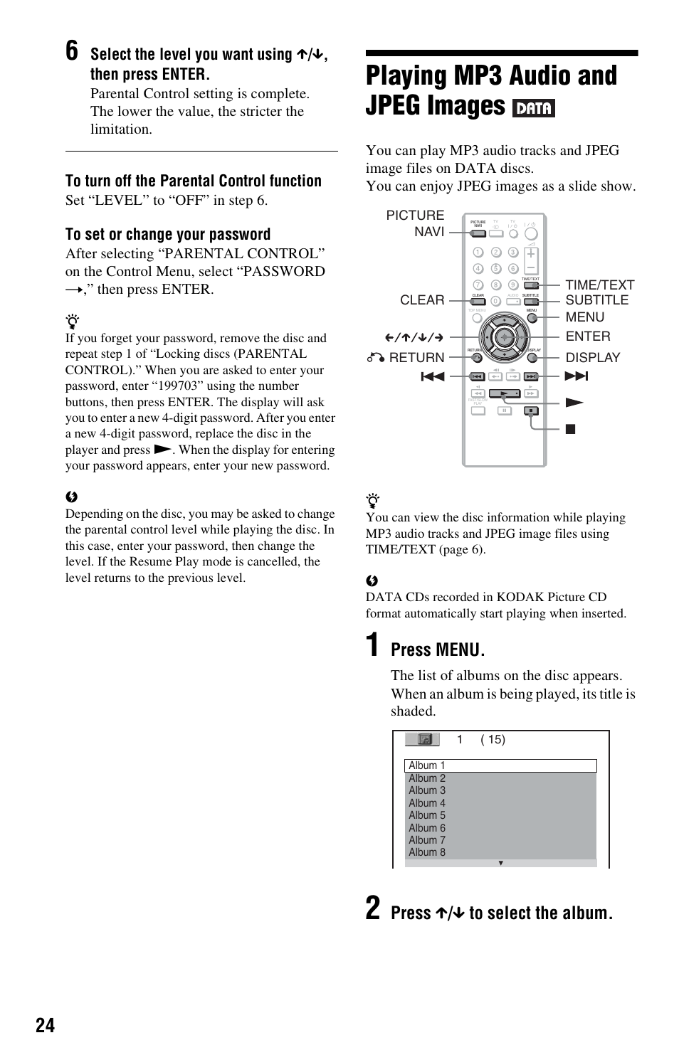 Playing mp3 audio and jpeg images, Nu (24, Press menu | Press x / x to select the album, Set “level” to “off” in step 6 | Sony 4-115-669-14(1) User Manual | Page 24 / 40