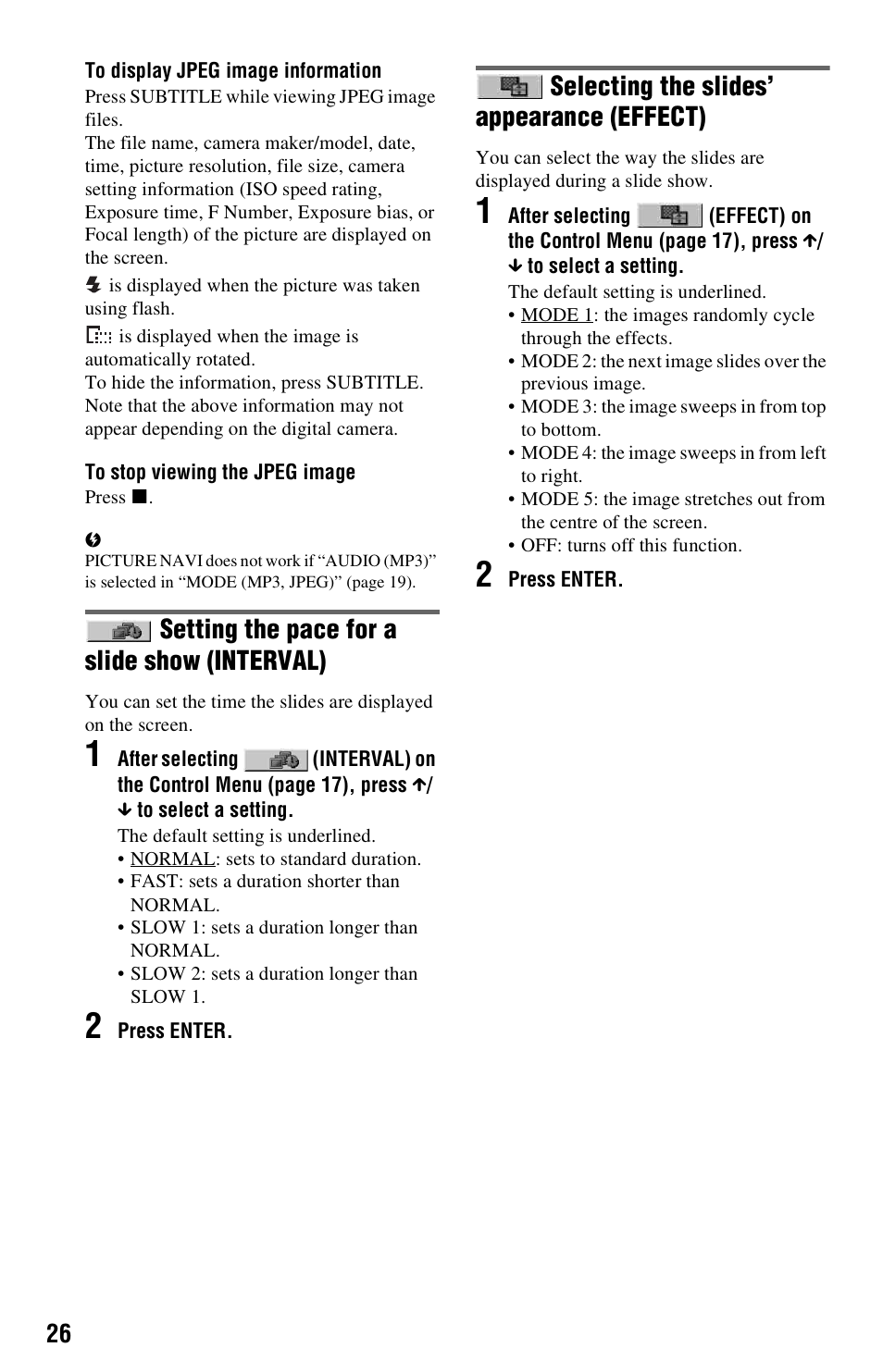 Setting the pace for a slide show (interval), Selecting the slides’ appearance (effect) | Sony 4-115-669-14(1) User Manual | Page 26 / 40