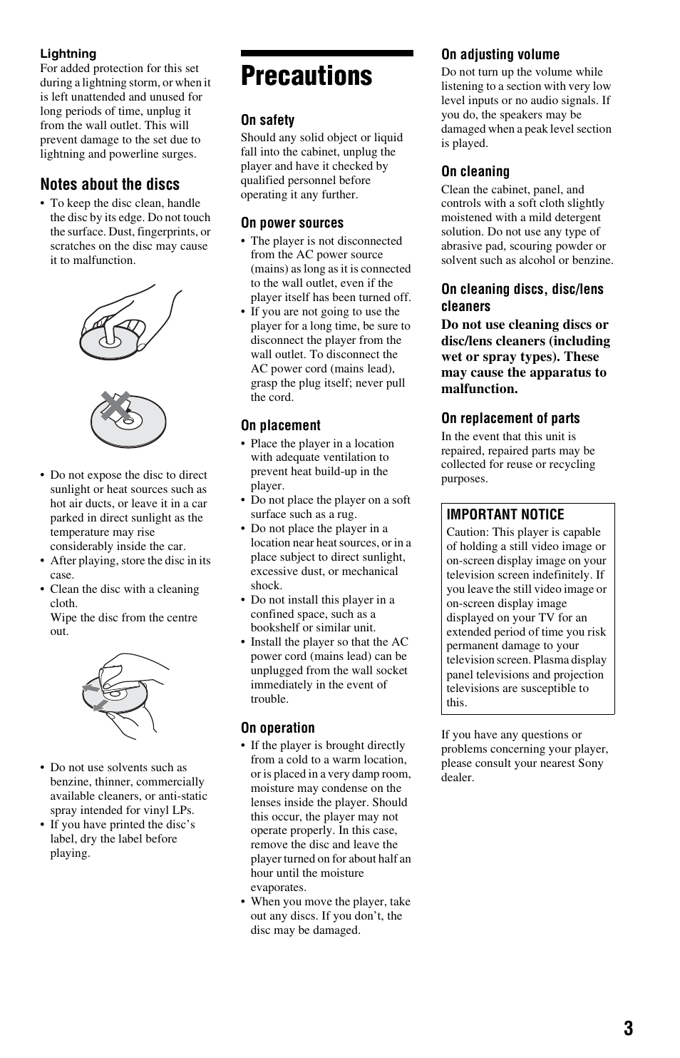 Precautions | Sony 4-115-669-14(1) User Manual | Page 3 / 40
