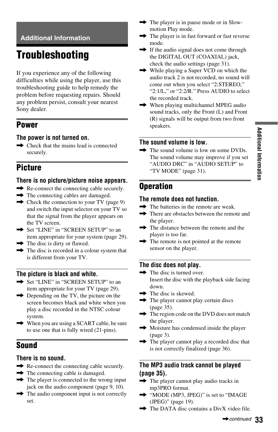 Additional information, Troubleshooting, Power | Picture, Sound, Operation | Sony 4-115-669-14(1) User Manual | Page 33 / 40