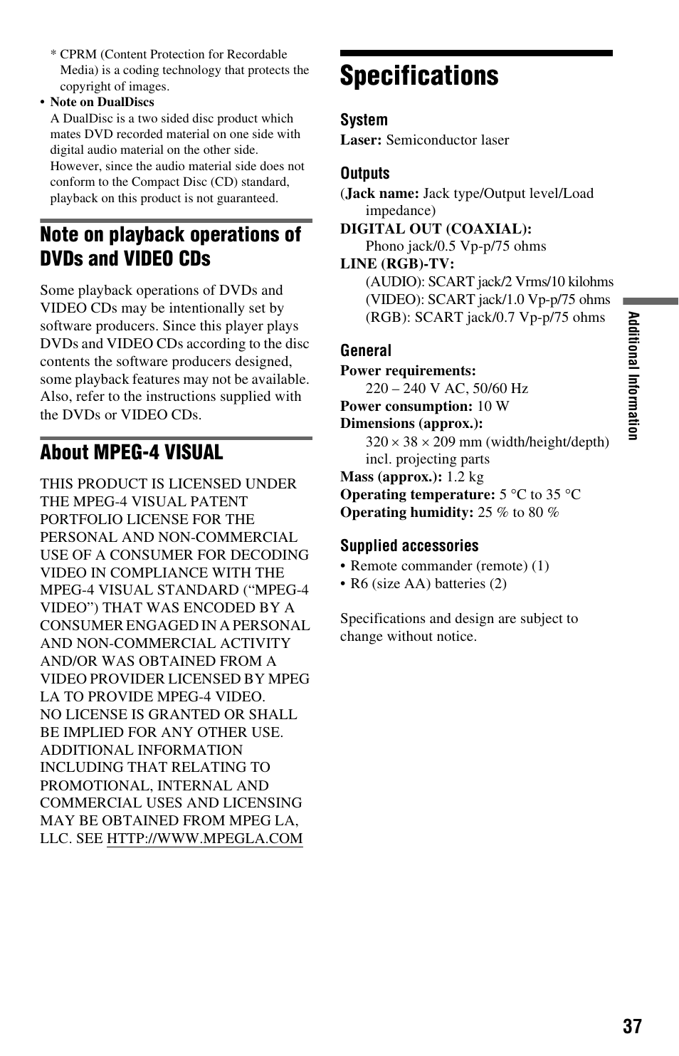 Specifications, About mpeg-4 visual | Sony 4-115-669-14(1) User Manual | Page 37 / 40