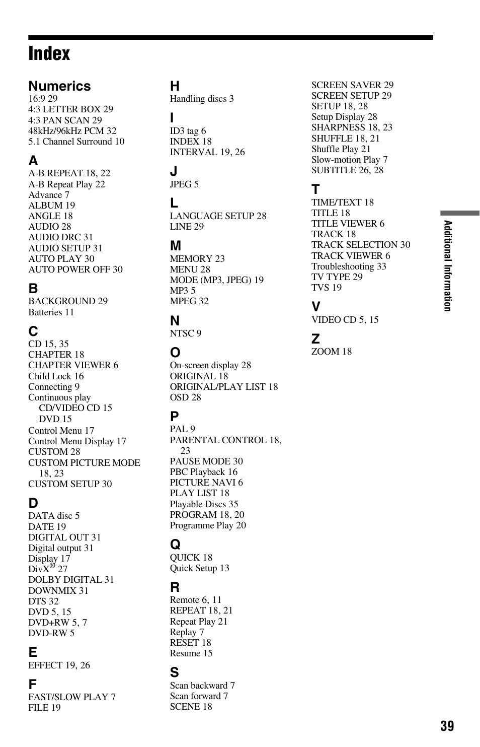 Index, Numerics | Sony 4-115-669-14(1) User Manual | Page 39 / 40