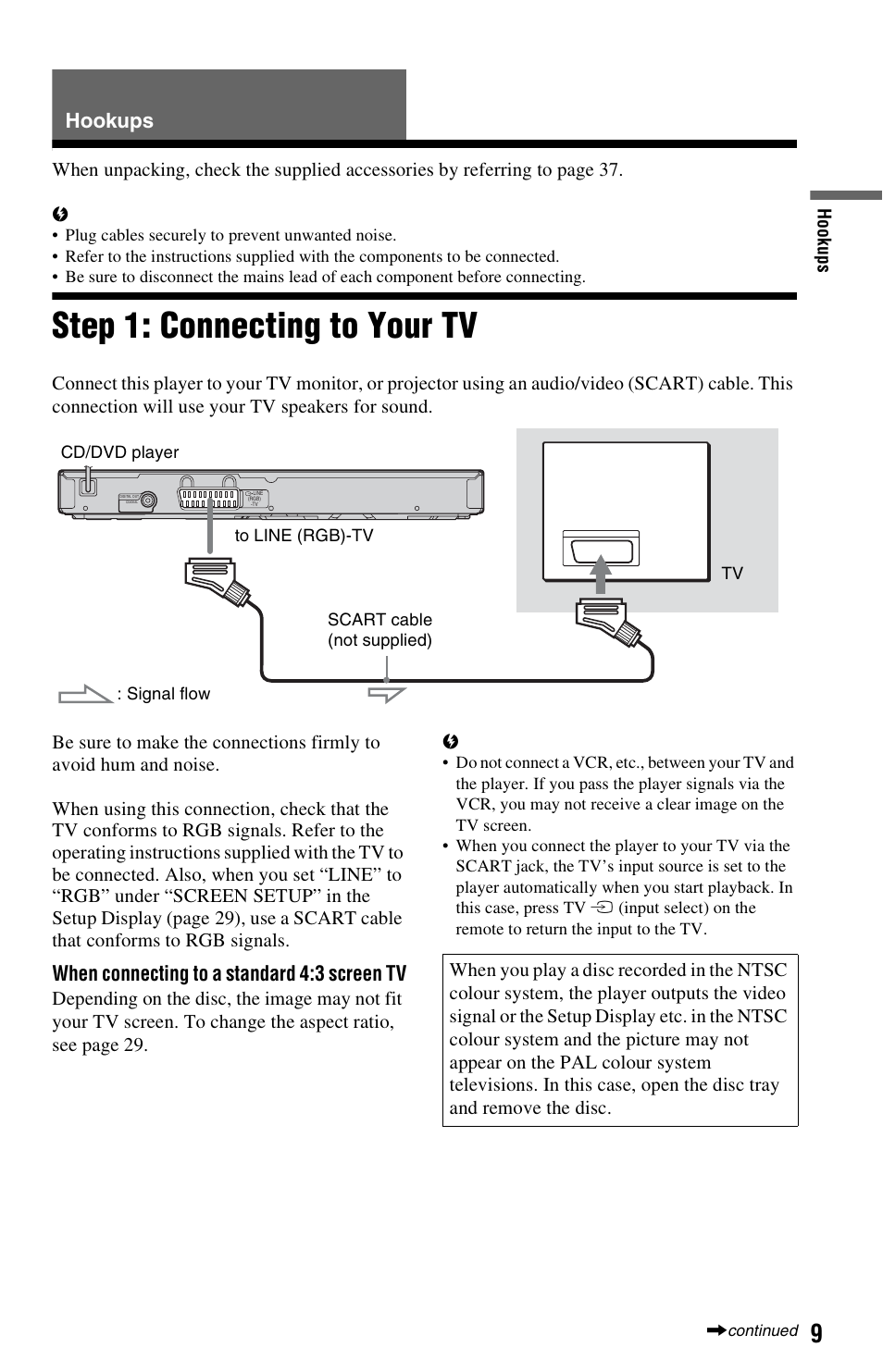 Hookups, Step 1: connecting to your tv, When connecting to a standard 4:3 screen tv | Sony 4-115-669-14(1) User Manual | Page 9 / 40