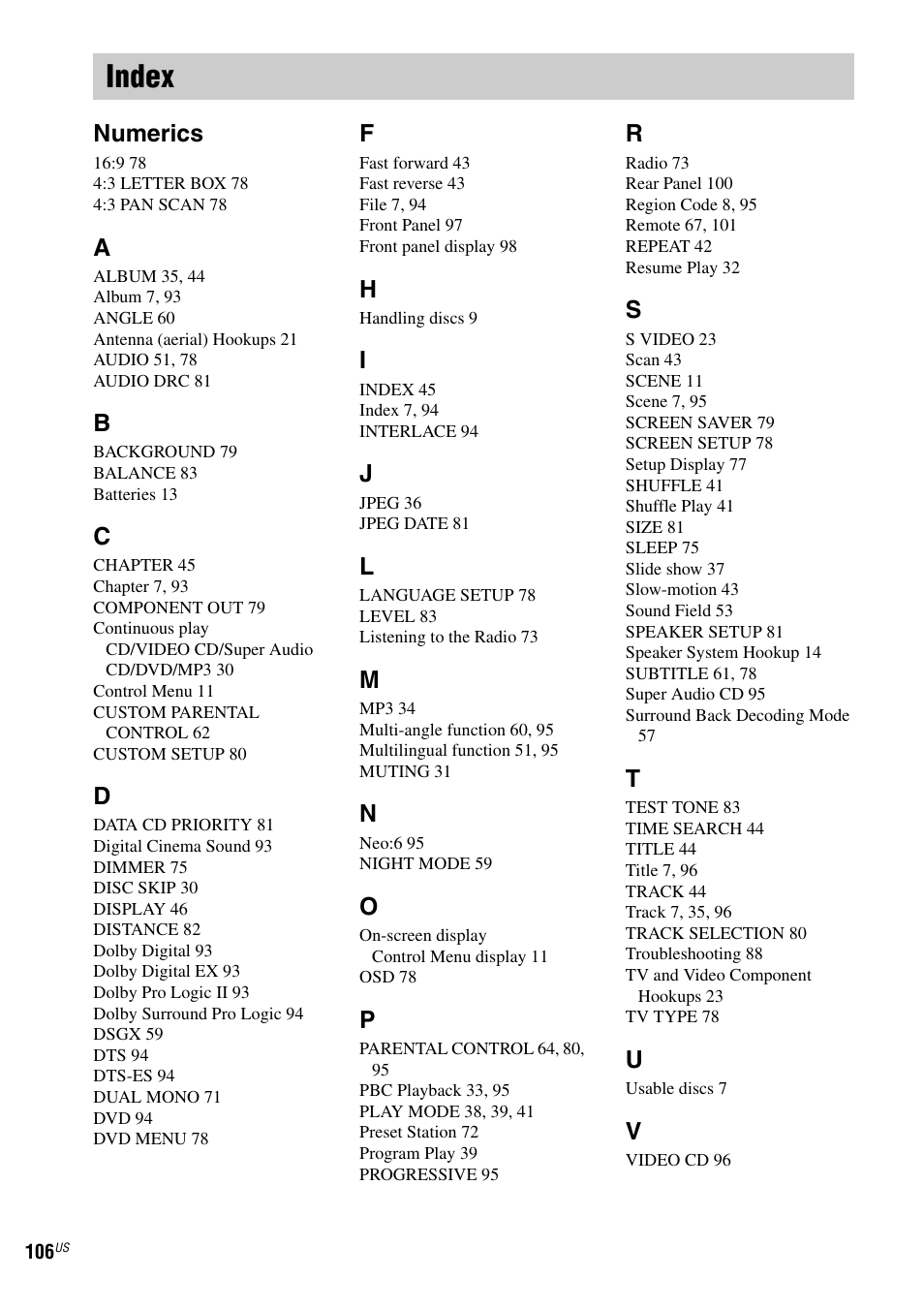 Index, Numerics | Sony FR8/FR9 User Manual | Page 106 / 108