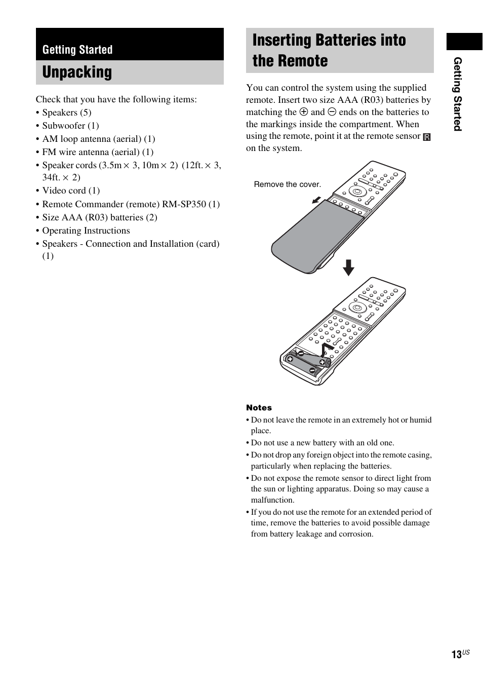 Getting started, Unpacking, Inserting batteries into the remote | Unpacking inserting batteries into the remote | Sony FR8/FR9 User Manual | Page 13 / 108