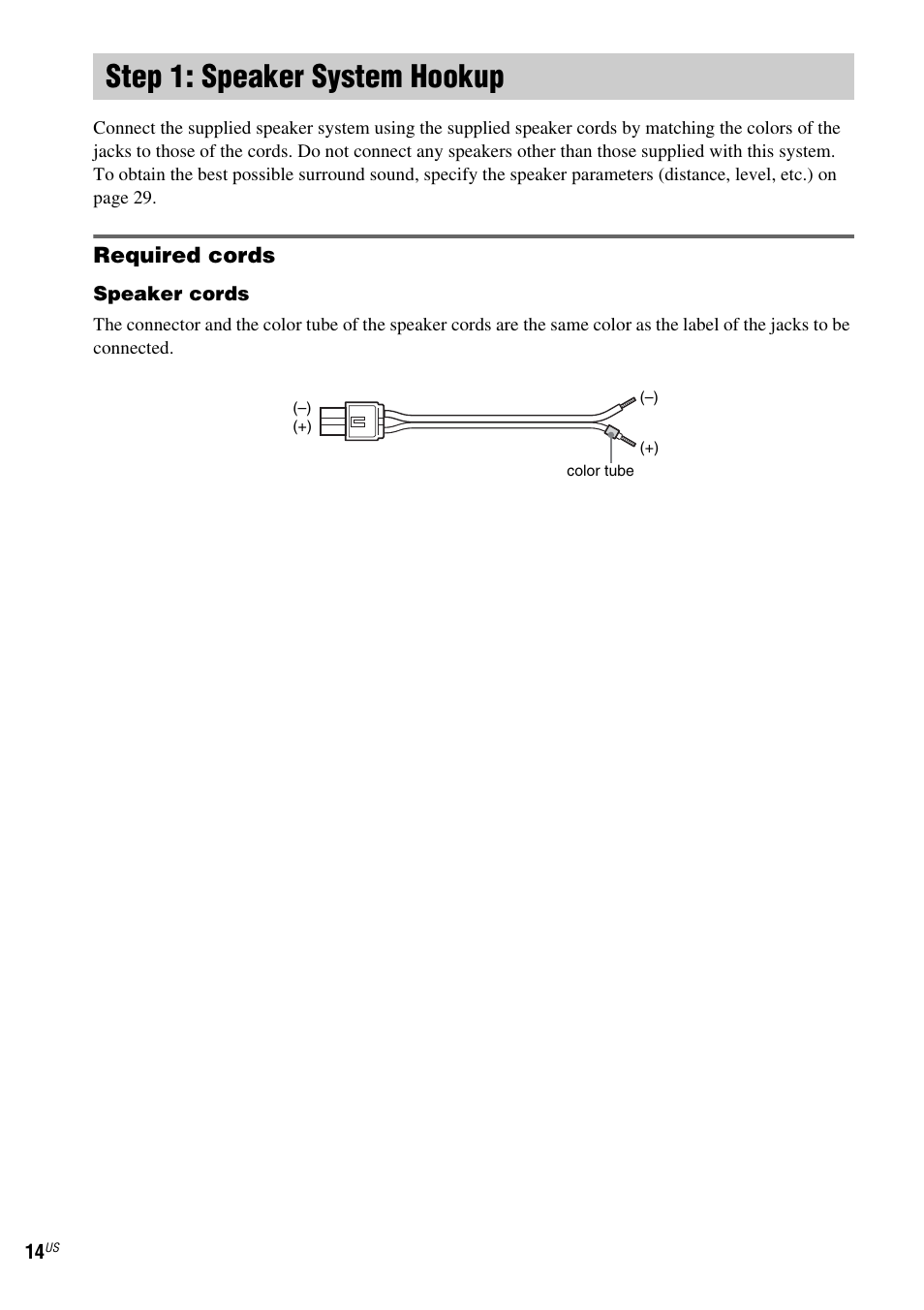 Step 1: speaker system hookup, Required cords | Sony FR8/FR9 User Manual | Page 14 / 108