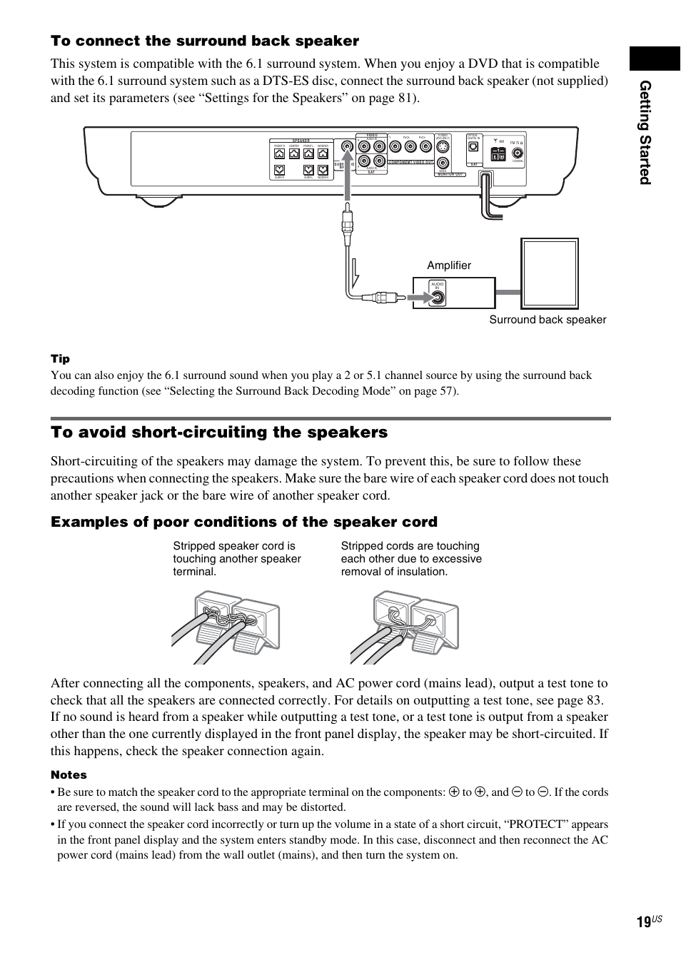 To avoid short-circuiting the speakers, Getting star ted 19, Examples of poor conditions of the speaker cord | Sony FR8/FR9 User Manual | Page 19 / 108