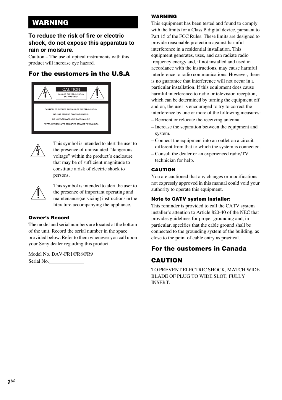 Warning | Sony FR8/FR9 User Manual | Page 2 / 108