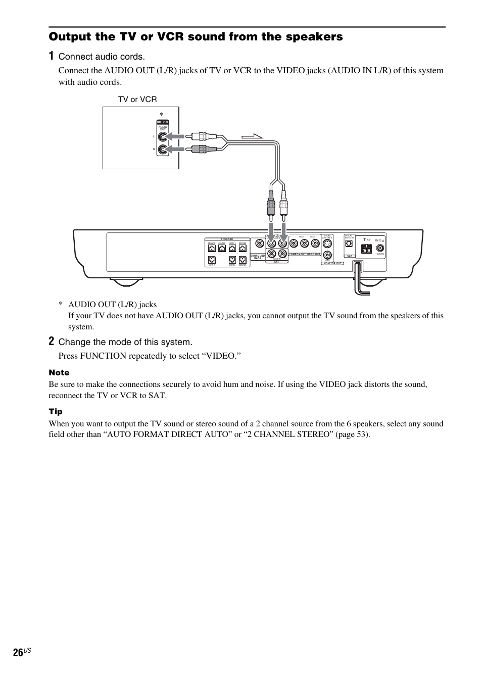 Output the tv or vcr sound from the speakers, Output the tv or vcr sound from the speakers 1, Tv or vcr | Sony FR8/FR9 User Manual | Page 26 / 108