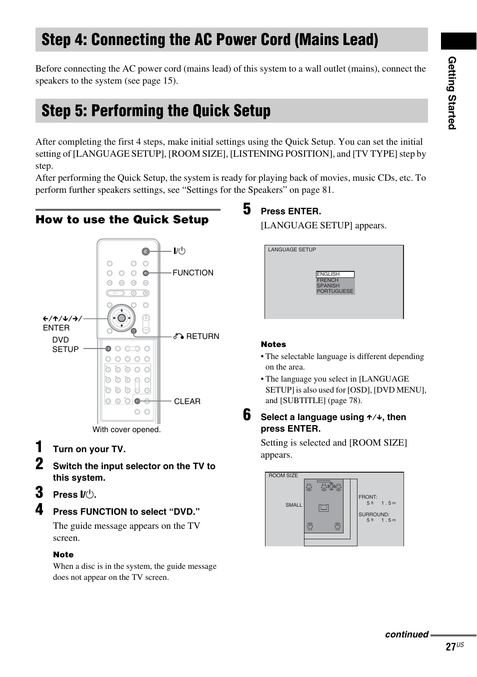 Step 4: connecting the ac power cord (mains lead), Step 5: performing the quick setup, How to use the quick setup | Step 4: connecting the ac power cord, Mains lead) | Sony FR8/FR9 User Manual | Page 27 / 108