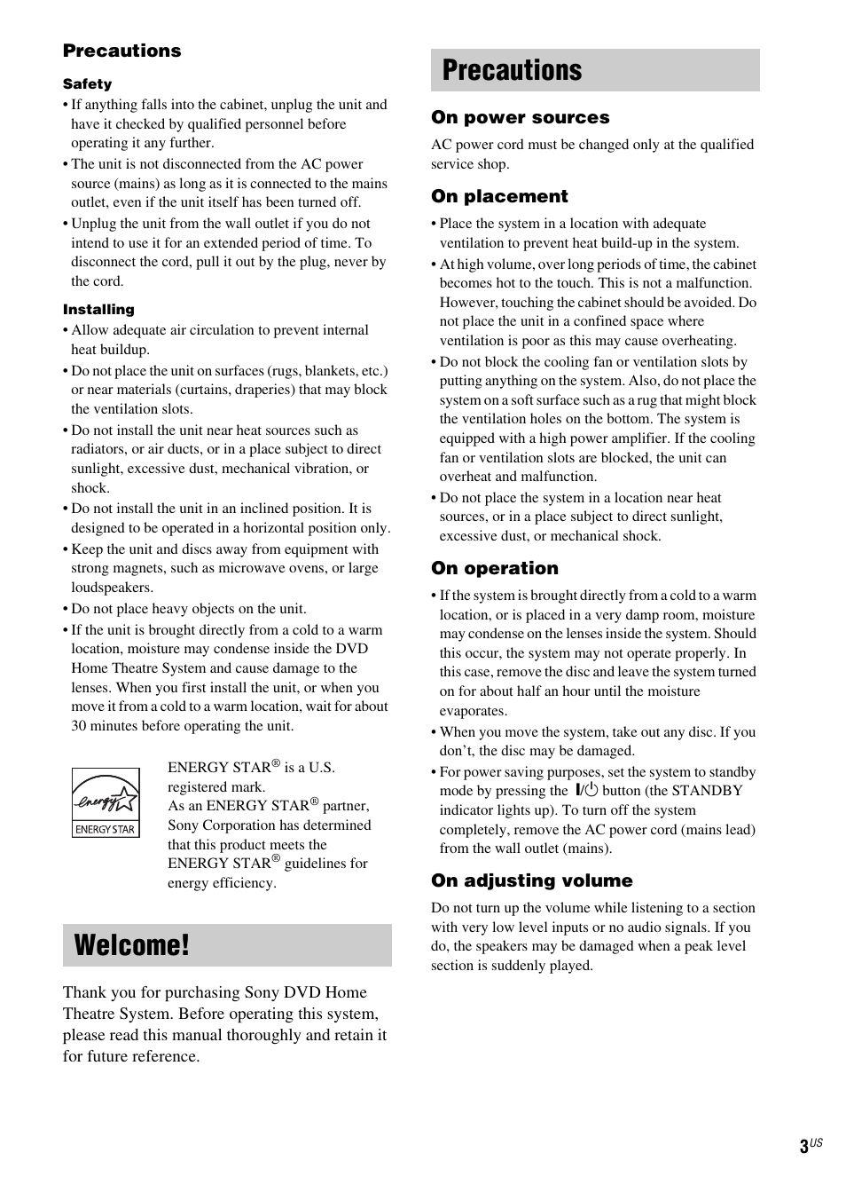 Welcome, Precautions, Welcome! precautions | Sony FR8/FR9 User Manual | Page 3 / 108
