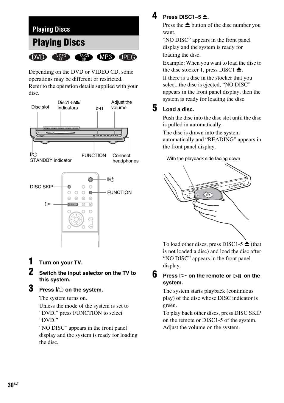 Playing discs | Sony FR8/FR9 User Manual | Page 30 / 108