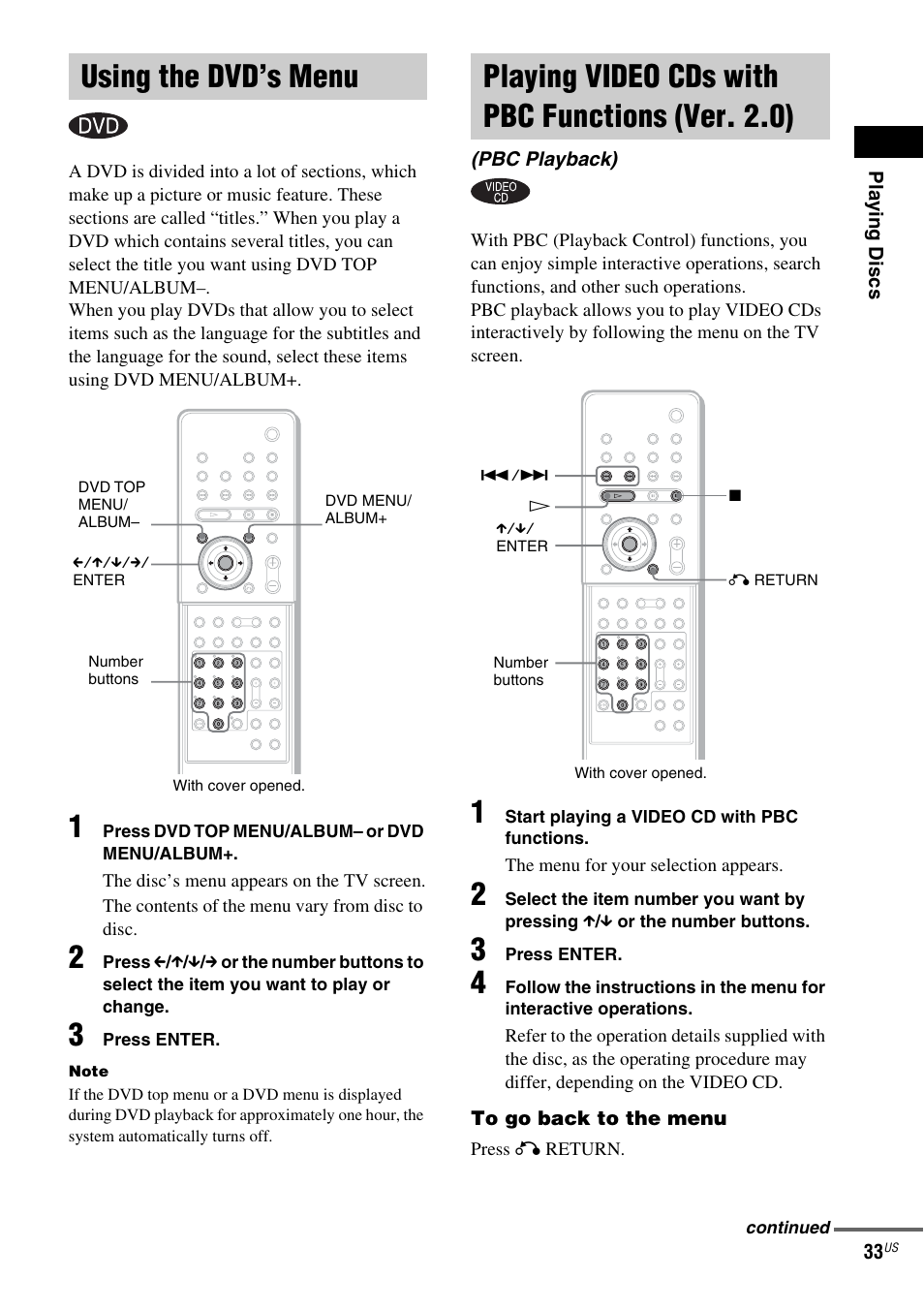 Using the dvd’s menu, Playing video cds with pbc functions (ver. 2.0), Ver. 2.0) (pbc playback) | Sony FR8/FR9 User Manual | Page 33 / 108