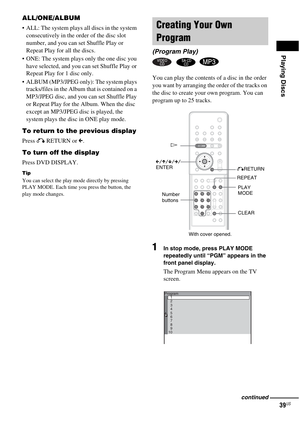 Creating your own program, Program play) | Sony FR8/FR9 User Manual | Page 39 / 108