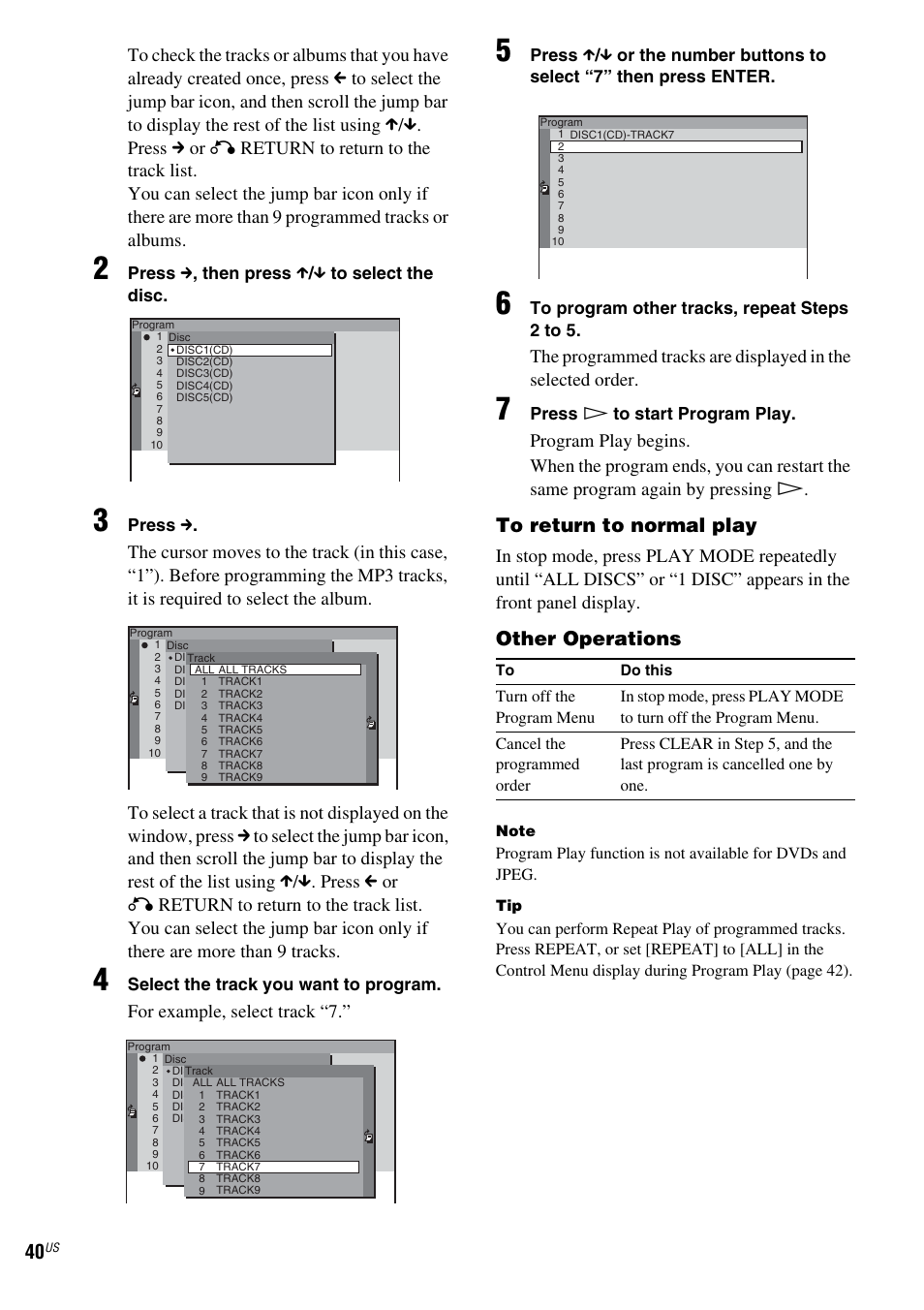Other operations, For example, select track “7 | Sony FR8/FR9 User Manual | Page 40 / 108