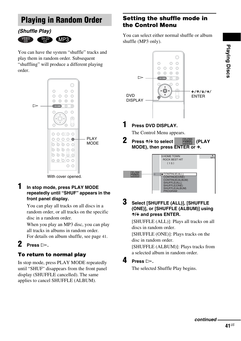 Playing in random order, Setting the shuffle mode in the control menu, Shuffle play) | Sony FR8/FR9 User Manual | Page 41 / 108