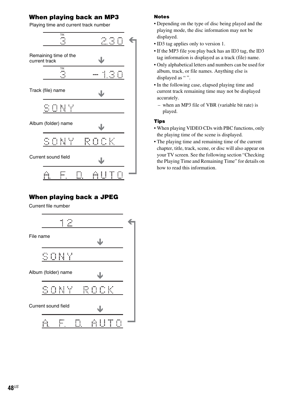 When playing back an mp3 when playing back a jpeg | Sony FR8/FR9 User Manual | Page 48 / 108