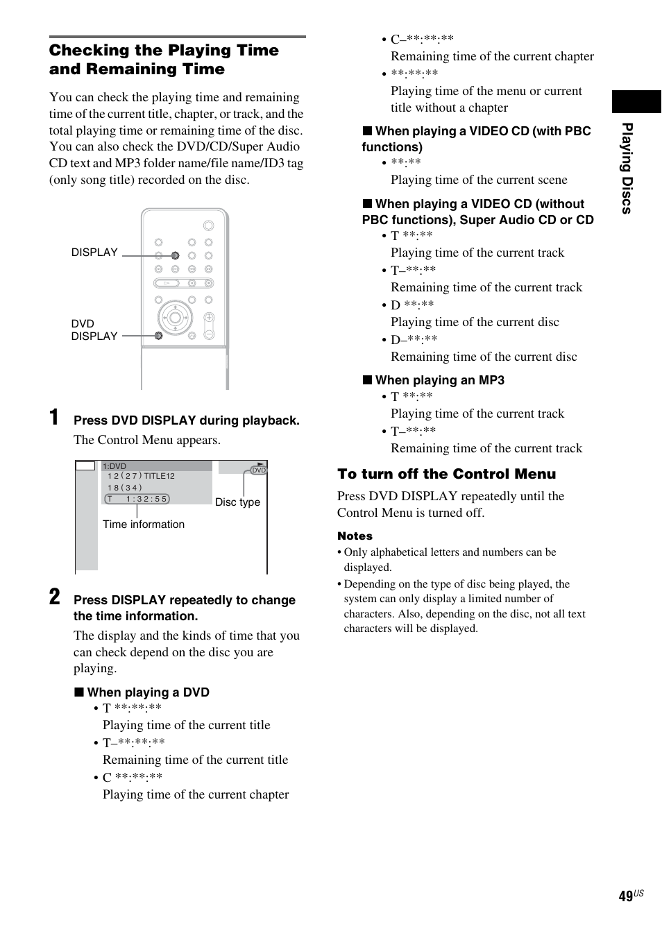 Checking the playing time and remaining time | Sony FR8/FR9 User Manual | Page 49 / 108