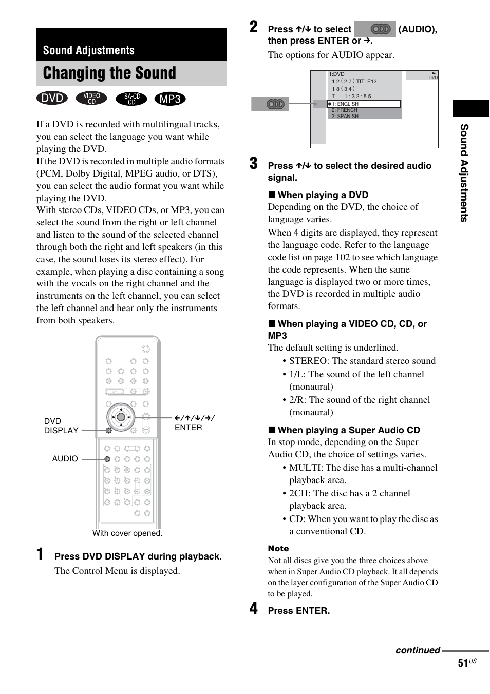 Sound adjustments, Changing the sound | Sony FR8/FR9 User Manual | Page 51 / 108