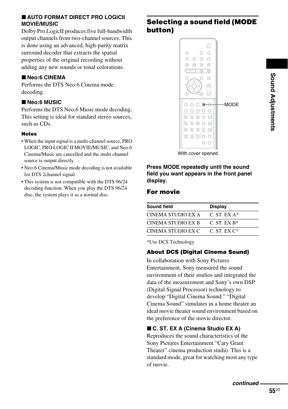 Selecting a sound field (mode button) | Sony FR8/FR9 User Manual | Page 55 / 108
