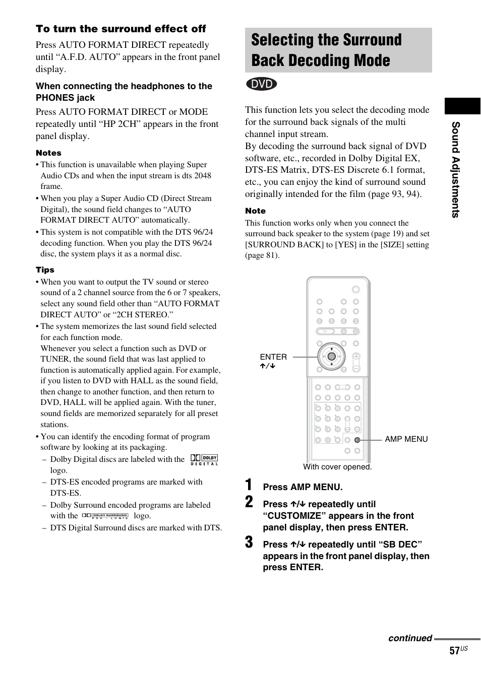 Selecting the surround back decoding mode, Selecting the surround back decoding, Mode | Sony FR8/FR9 User Manual | Page 57 / 108