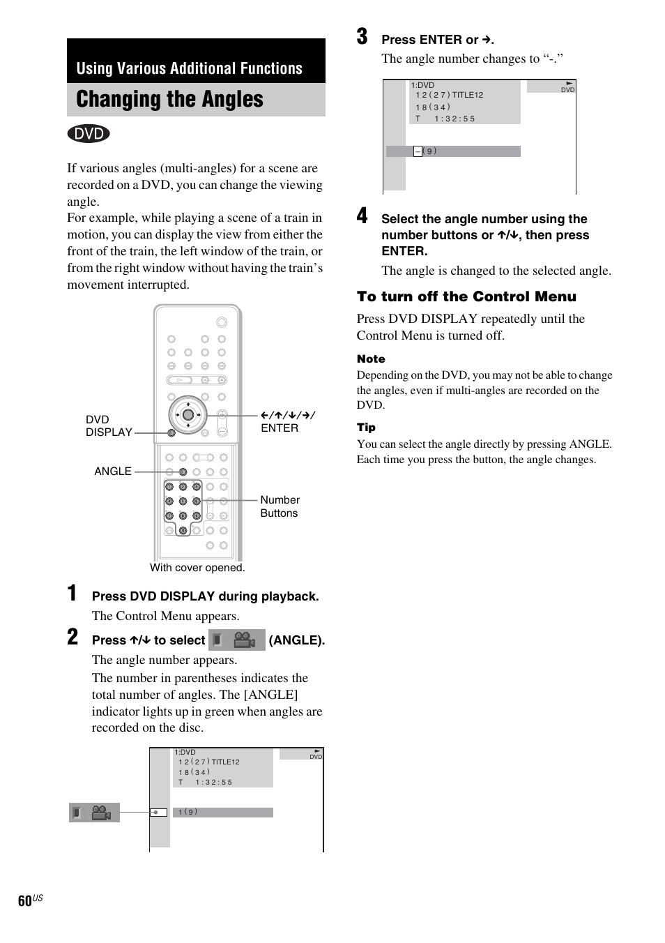 Using various additional functions, Changing the angles | Sony FR8/FR9 User Manual | Page 60 / 108