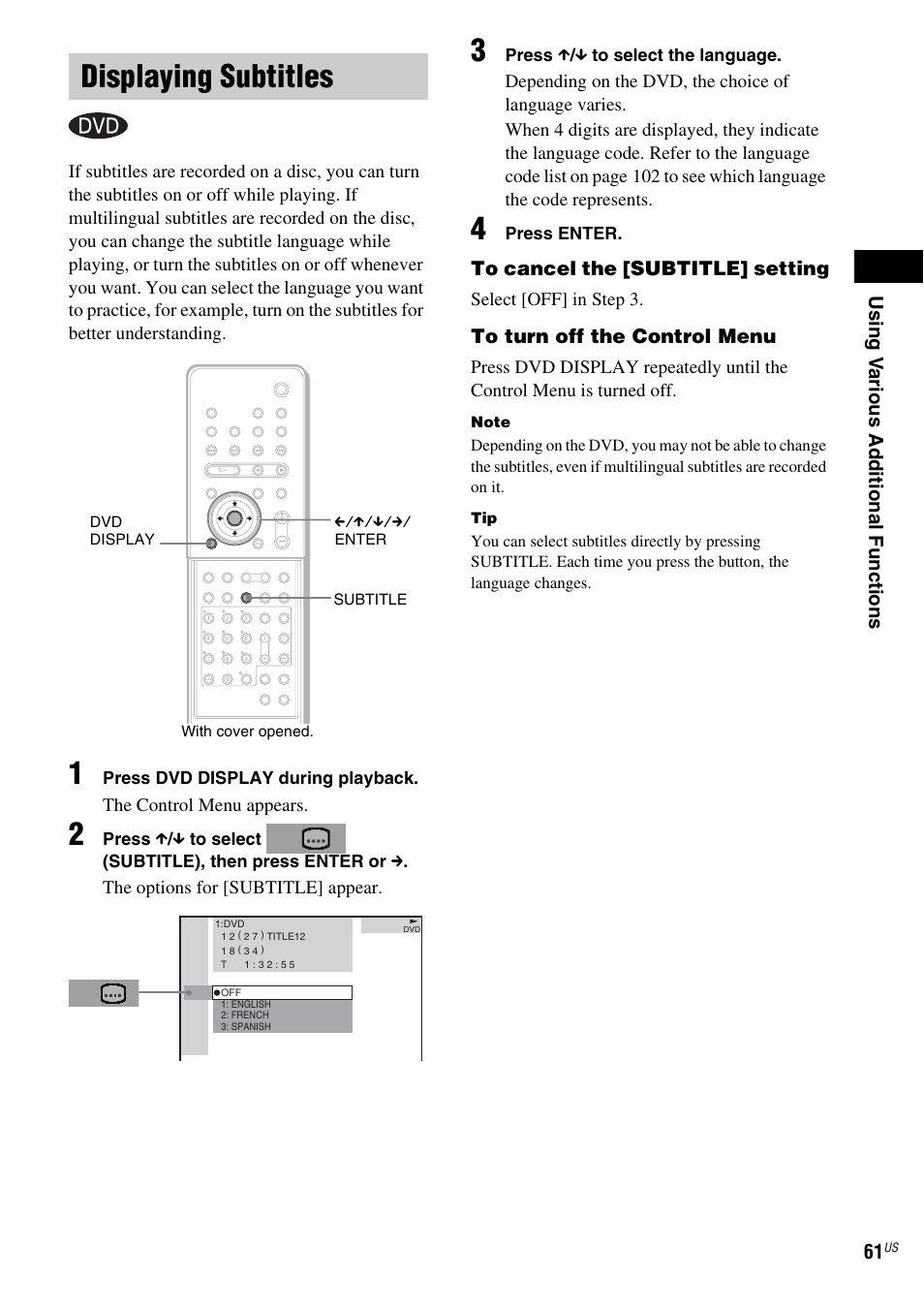 Displaying subtitles | Sony FR8/FR9 User Manual | Page 61 / 108