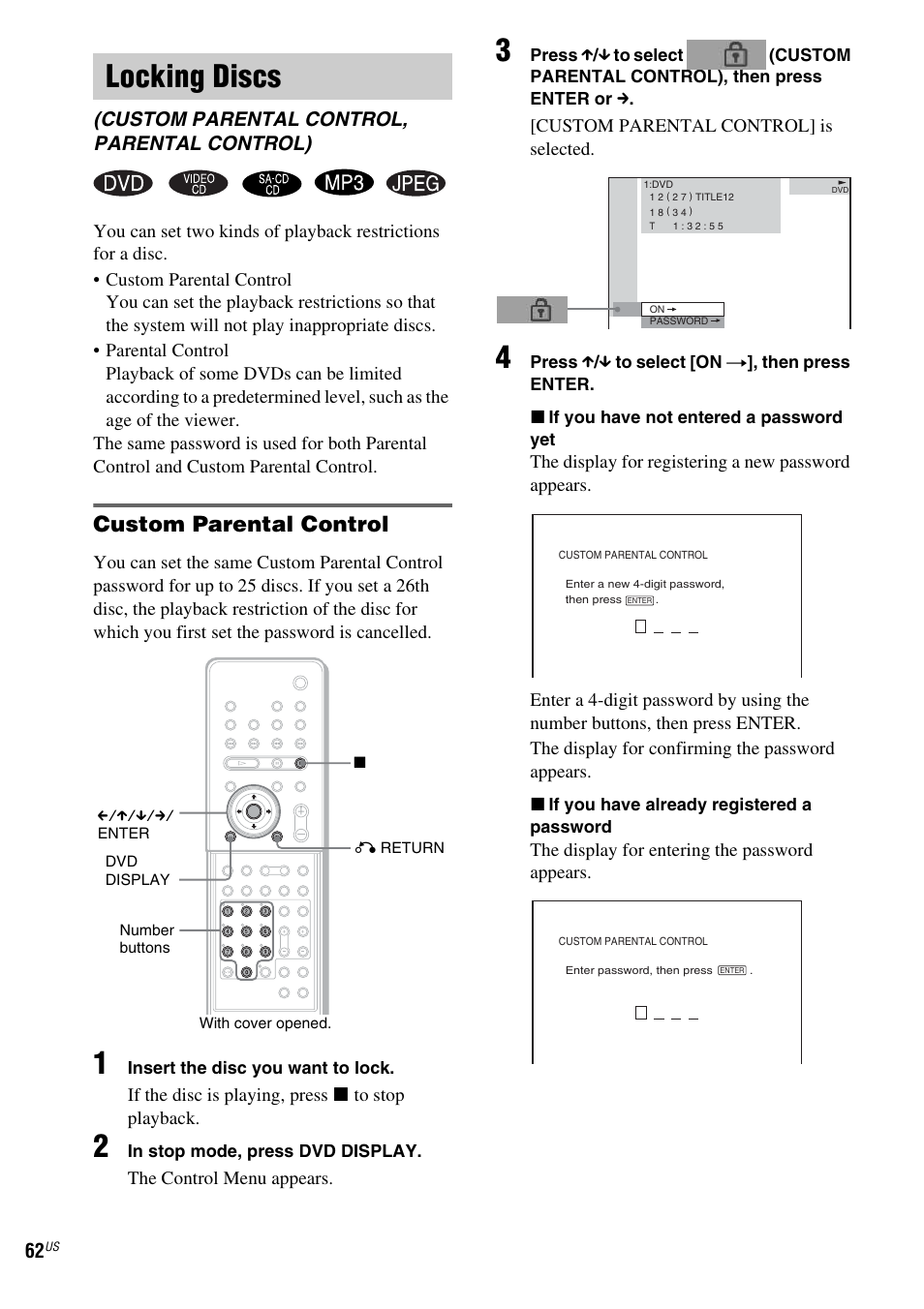 Locking discs, Custom parental control, Custom parental control, parental control) | Sony FR8/FR9 User Manual | Page 62 / 108