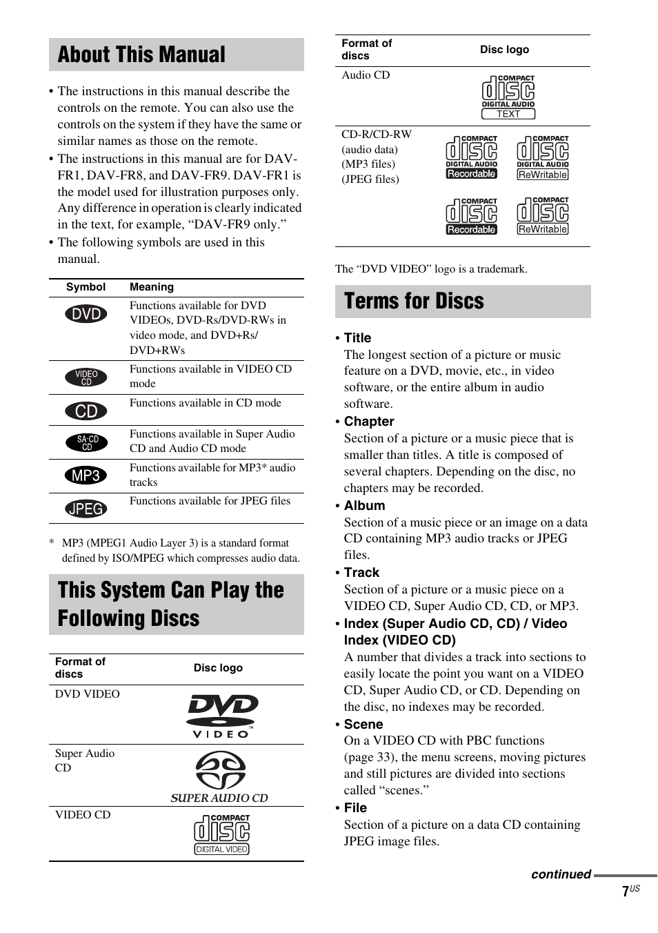 About this manual, This system can play the following discs, Terms for discs | Discs | Sony FR8/FR9 User Manual | Page 7 / 108