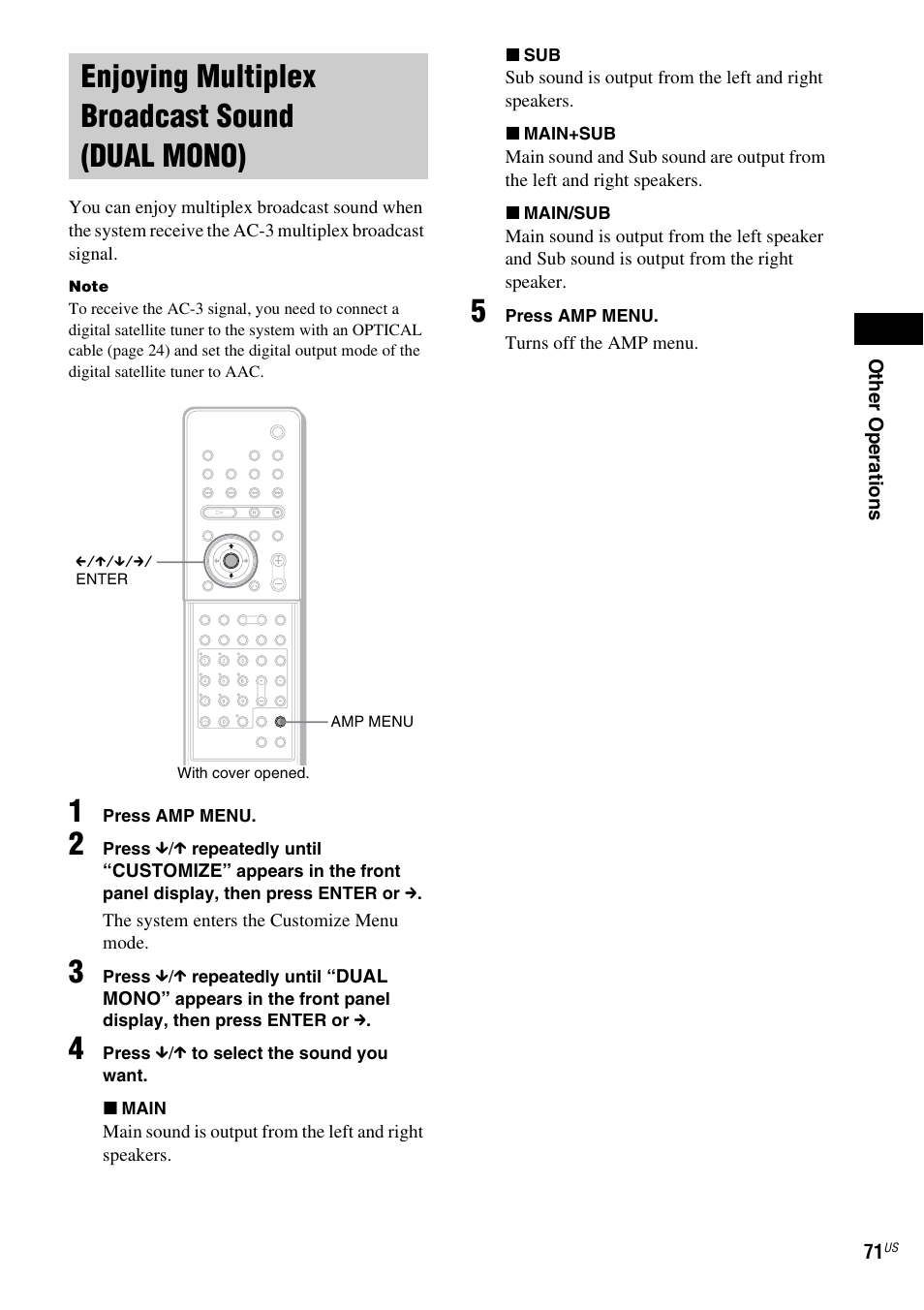 Enjoying multiplex broadcast sound (dual mono), Enjoying multiplex broadcast sound, Dual mono) | Sony FR8/FR9 User Manual | Page 71 / 108