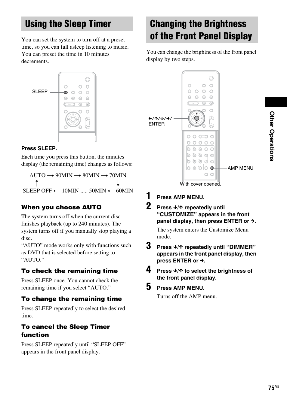 Using the sleep timer, Changing the brightness of the front panel display, Panel display | Sony FR8/FR9 User Manual | Page 75 / 108