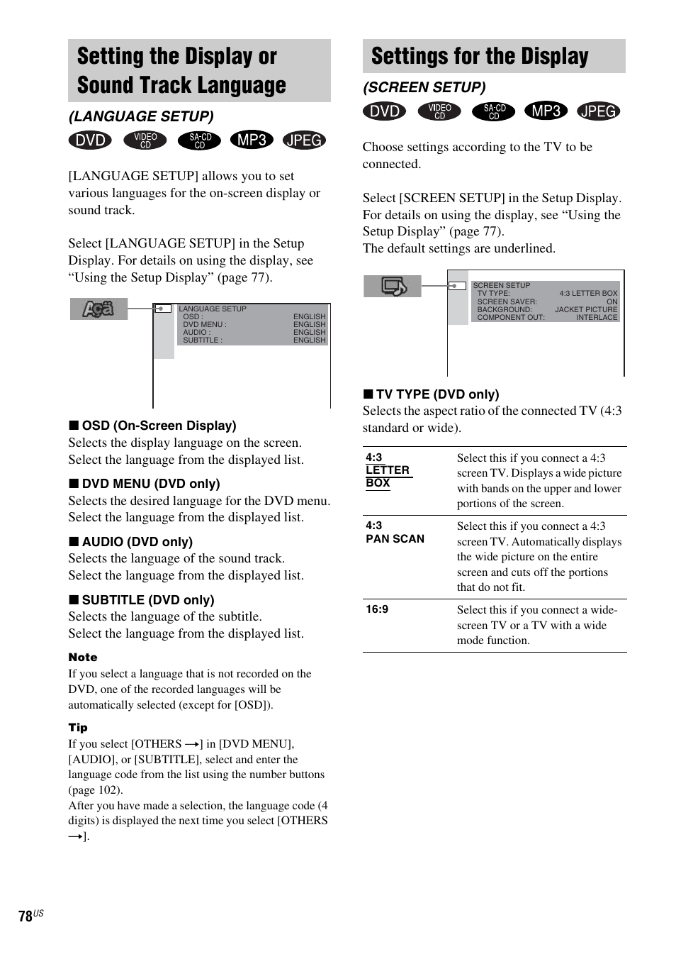 Setting the display or sound track language, Settings for the display, Setting the display or sound track | Language (language setup), Screen setup), Language setup) | Sony FR8/FR9 User Manual | Page 78 / 108