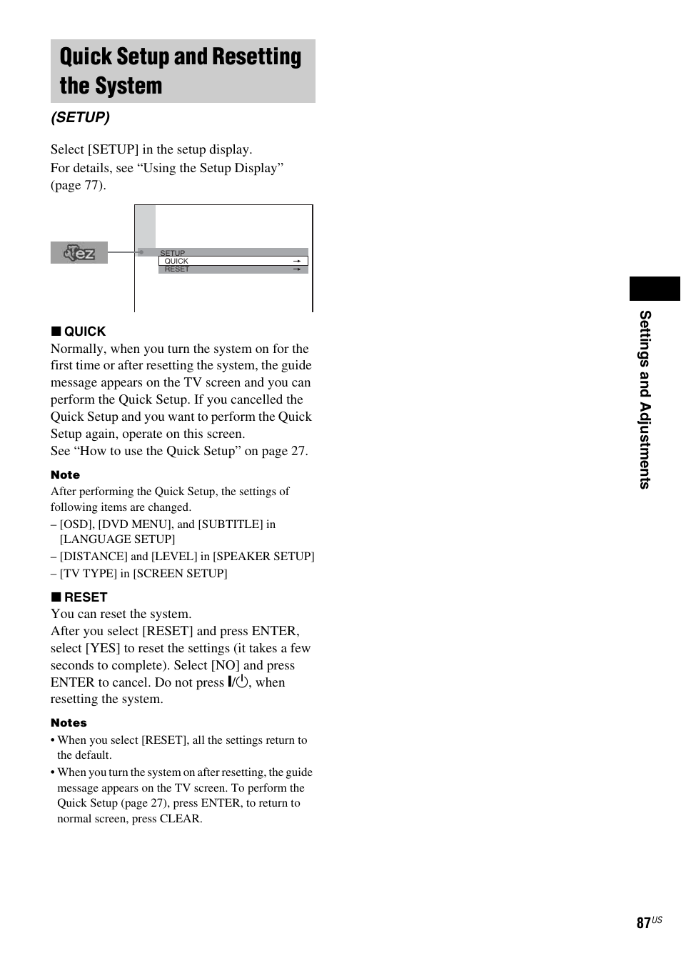 Quick setup and resetting the system, Quick setup and resetting, The system (setup) | Sony FR8/FR9 User Manual | Page 87 / 108