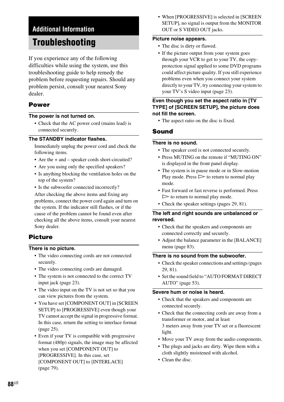 Additional information, Troubleshooting | Sony FR8/FR9 User Manual | Page 88 / 108