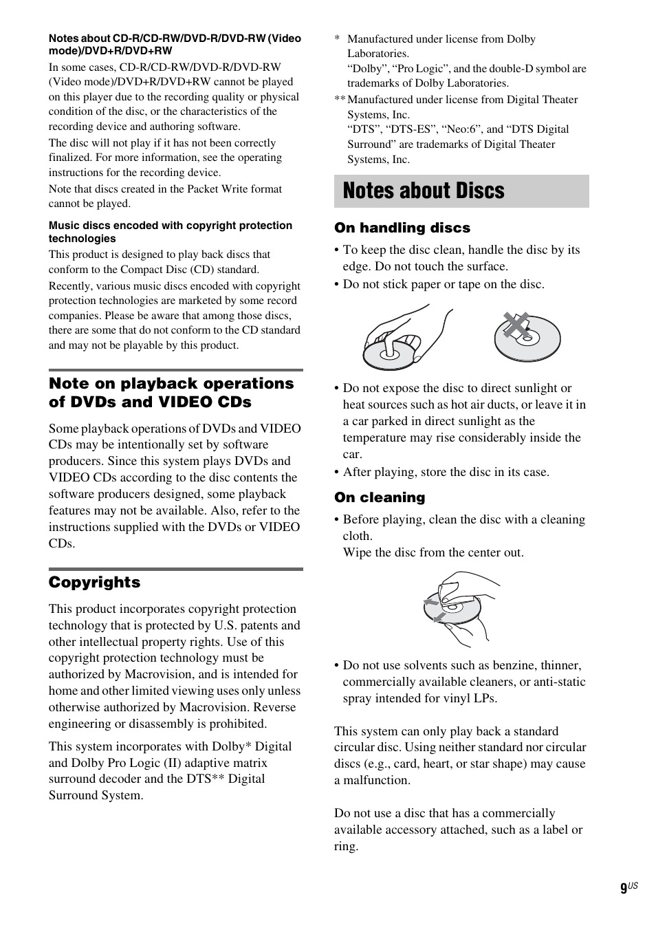 Note on playback operations of dvds and video cds, Copyrights, Notes about discs | Sony FR8/FR9 User Manual | Page 9 / 108