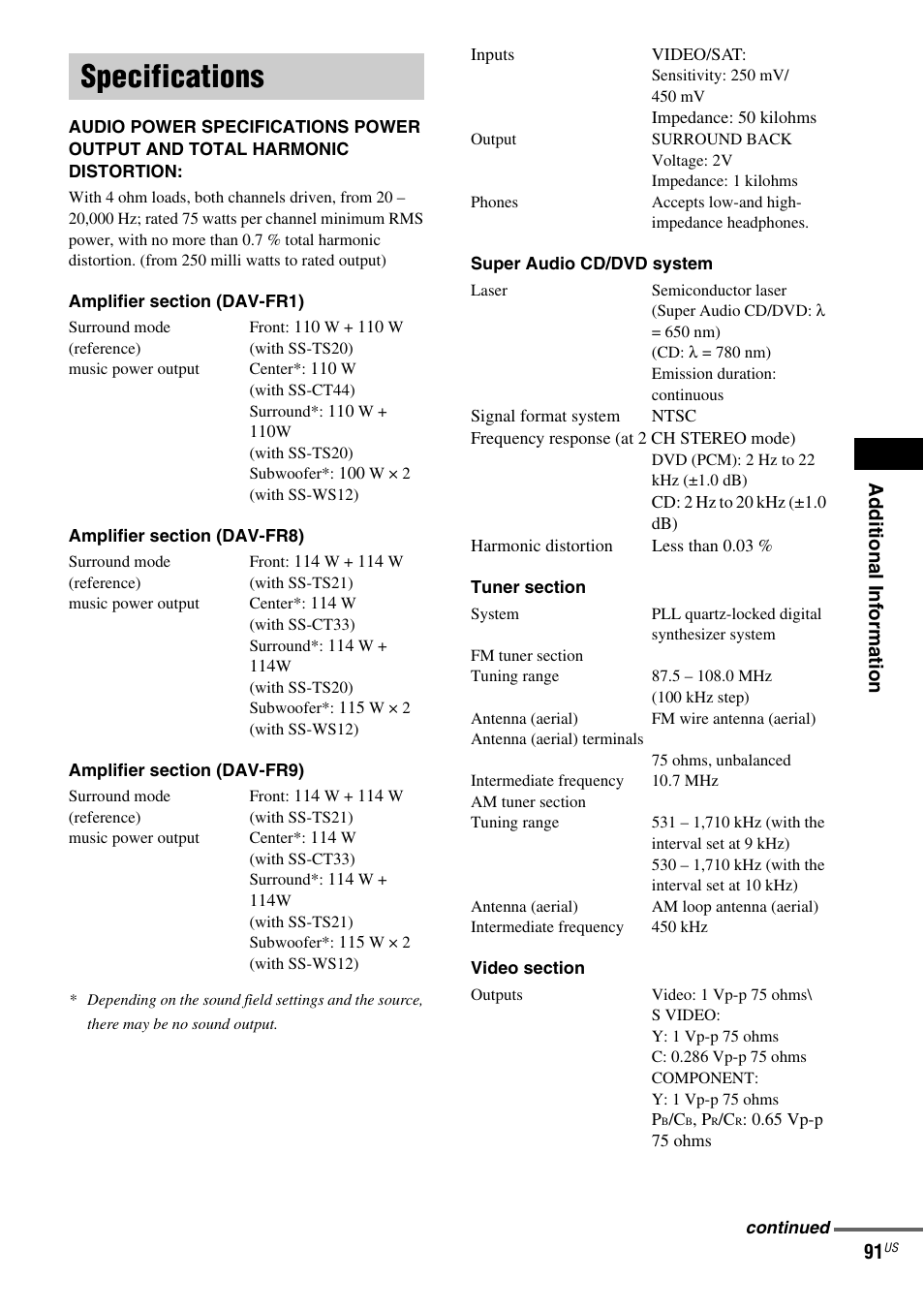 Specifications | Sony FR8/FR9 User Manual | Page 91 / 108