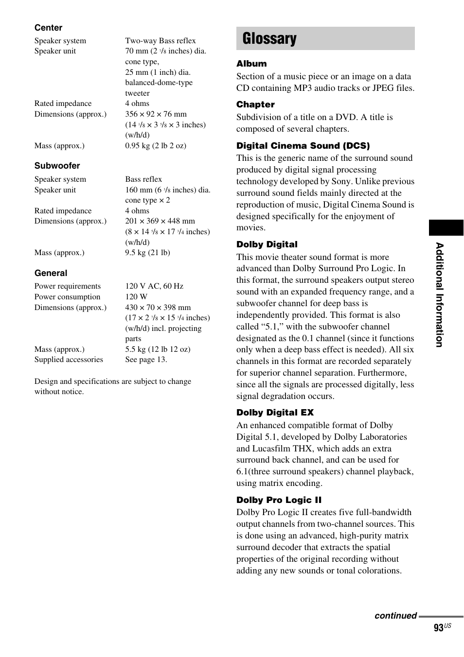 Glossary, Ad dit ion al i n fo rmatio n 93 | Sony FR8/FR9 User Manual | Page 93 / 108