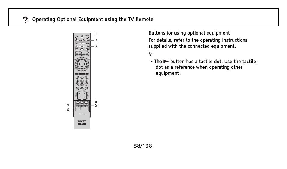 Buttons for using optional equipment | Sony Universal Remote User Manual | Page 58 / 138