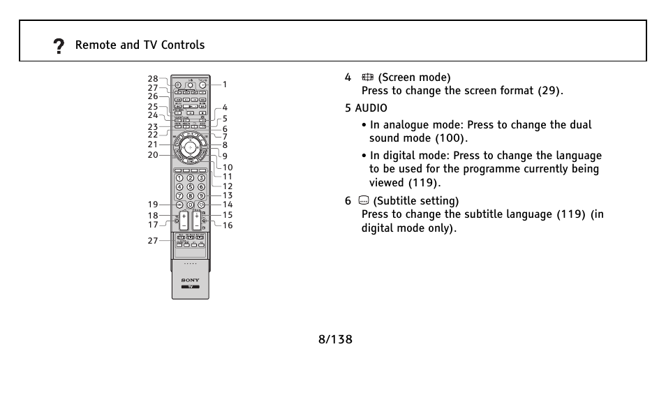 8/138 remote and tv controls | Sony Universal Remote User Manual | Page 8 / 138