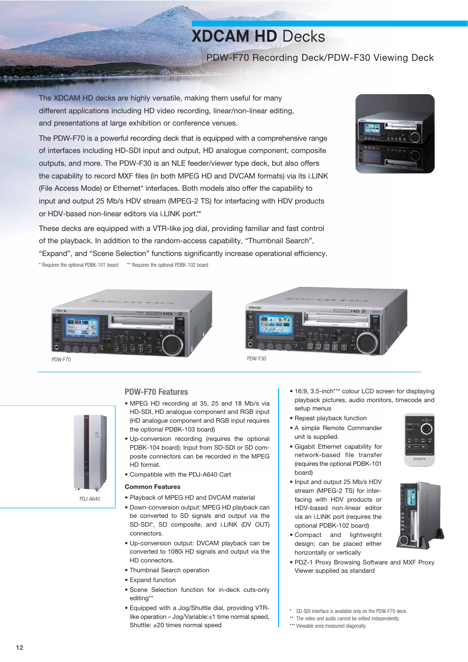 Xdcam hd decks, Pdw-f70 recording deck/pdw-f30 viewing deck, Pdw-f70 features | Sony XDCAMTM User Manual | Page 12 / 20