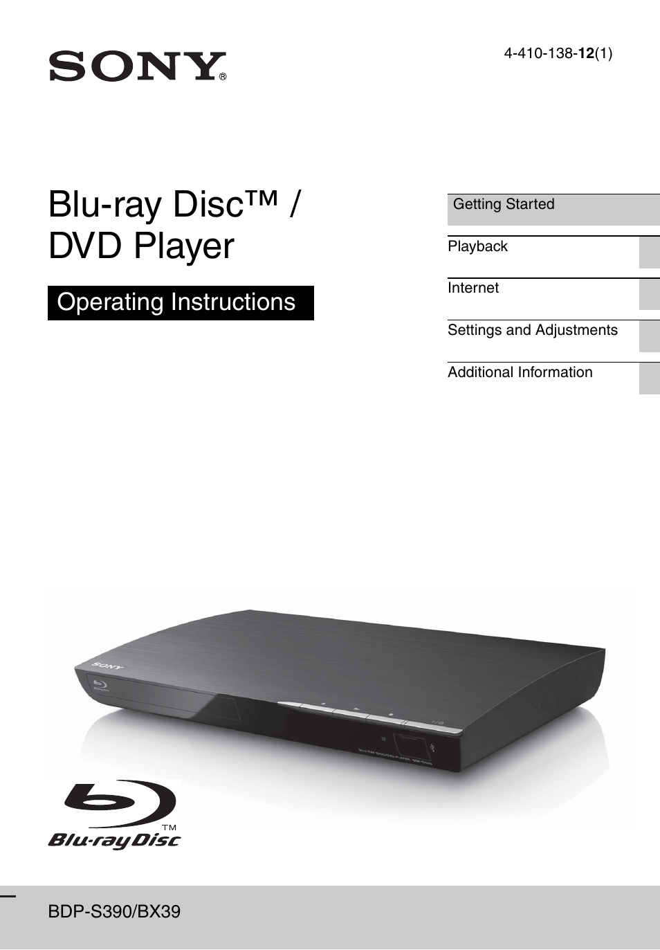 Sony Blu-ray Disc/DVD Player BDP-S390 User Manual | 40 pages