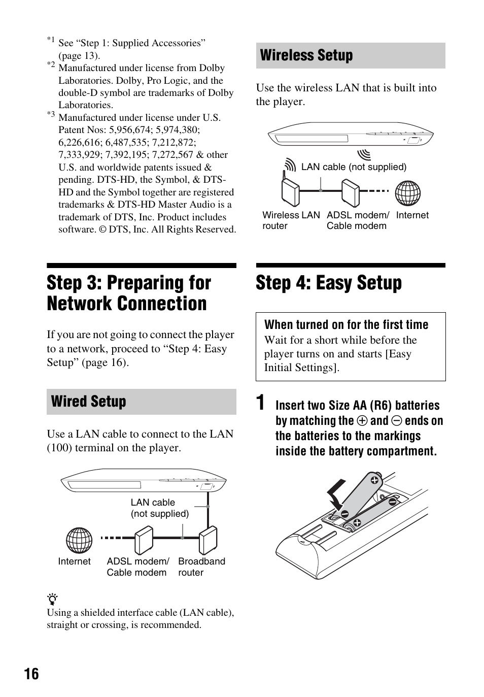 Step 3: preparing for network connection, Step 4: easy setup, Wired setup | Wireless setup | Sony Blu-ray Disc/DVD Player BDP-S390 User Manual | Page 16 / 40