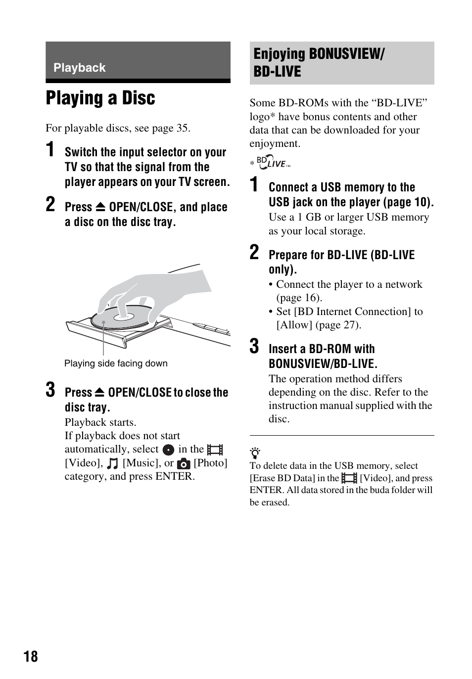 Playback, Playing a disc | Sony Blu-ray Disc/DVD Player BDP-S390 User Manual | Page 18 / 40