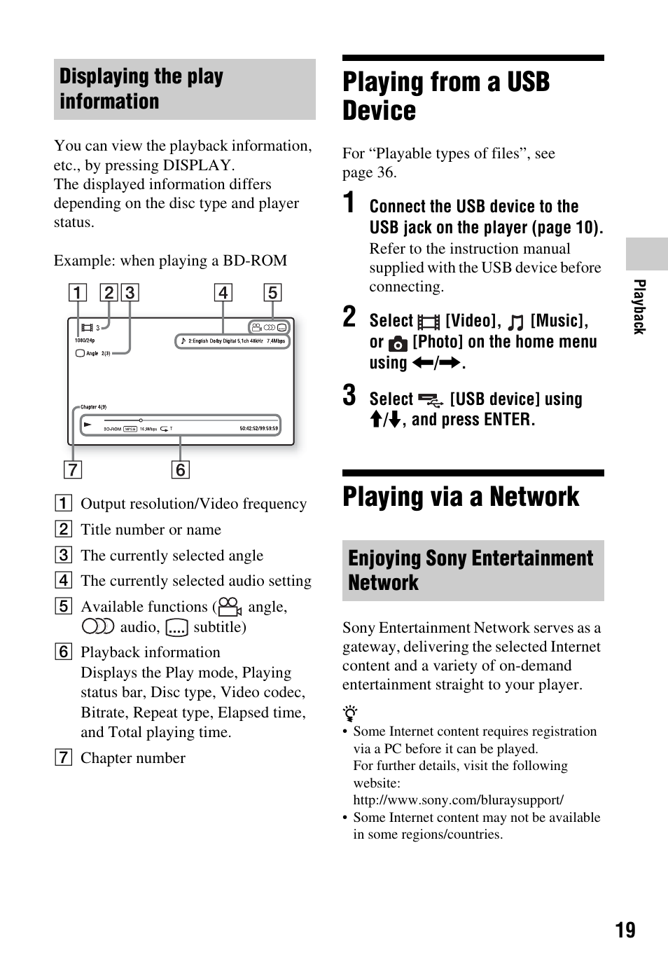 Playing from a usb device, Playing via a network, Playing from a usb device playing via a network | Sony Blu-ray Disc/DVD Player BDP-S390 User Manual | Page 19 / 40