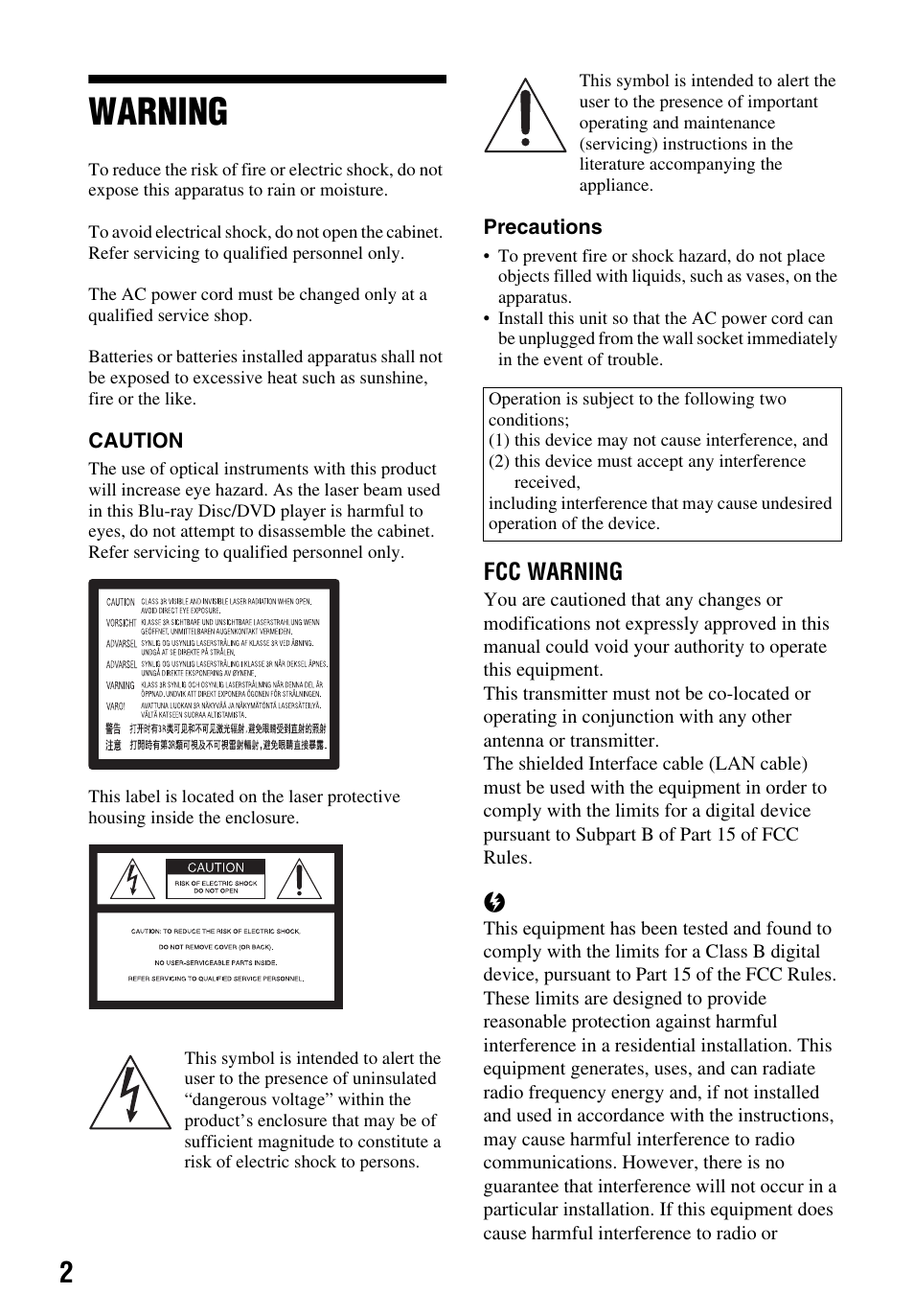 Warning, Fcc warning | Sony Blu-ray Disc/DVD Player BDP-S390 User Manual | Page 2 / 40