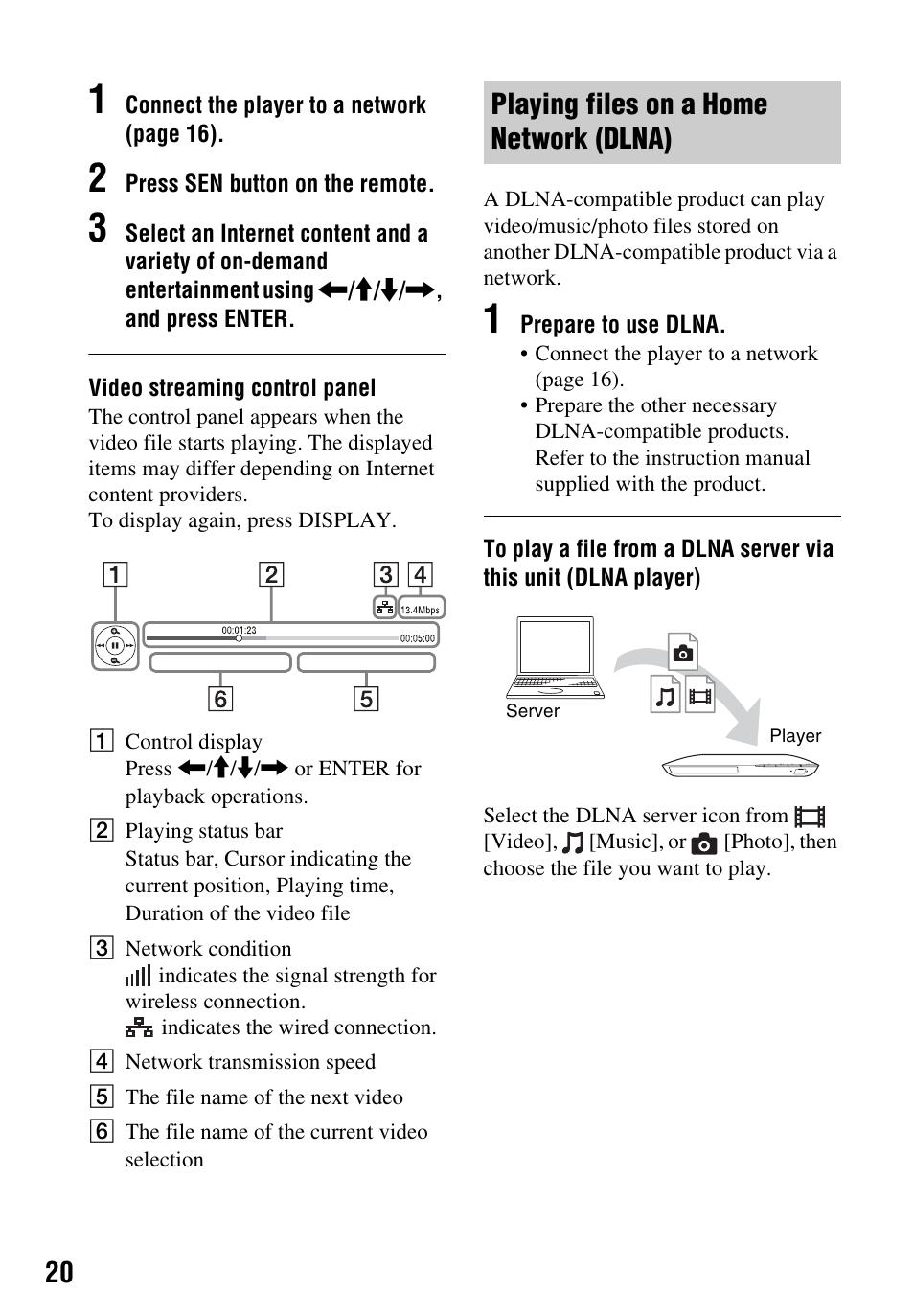 Playing files on a home network (dlna) | Sony Blu-ray Disc/DVD Player BDP-S390 User Manual | Page 20 / 40