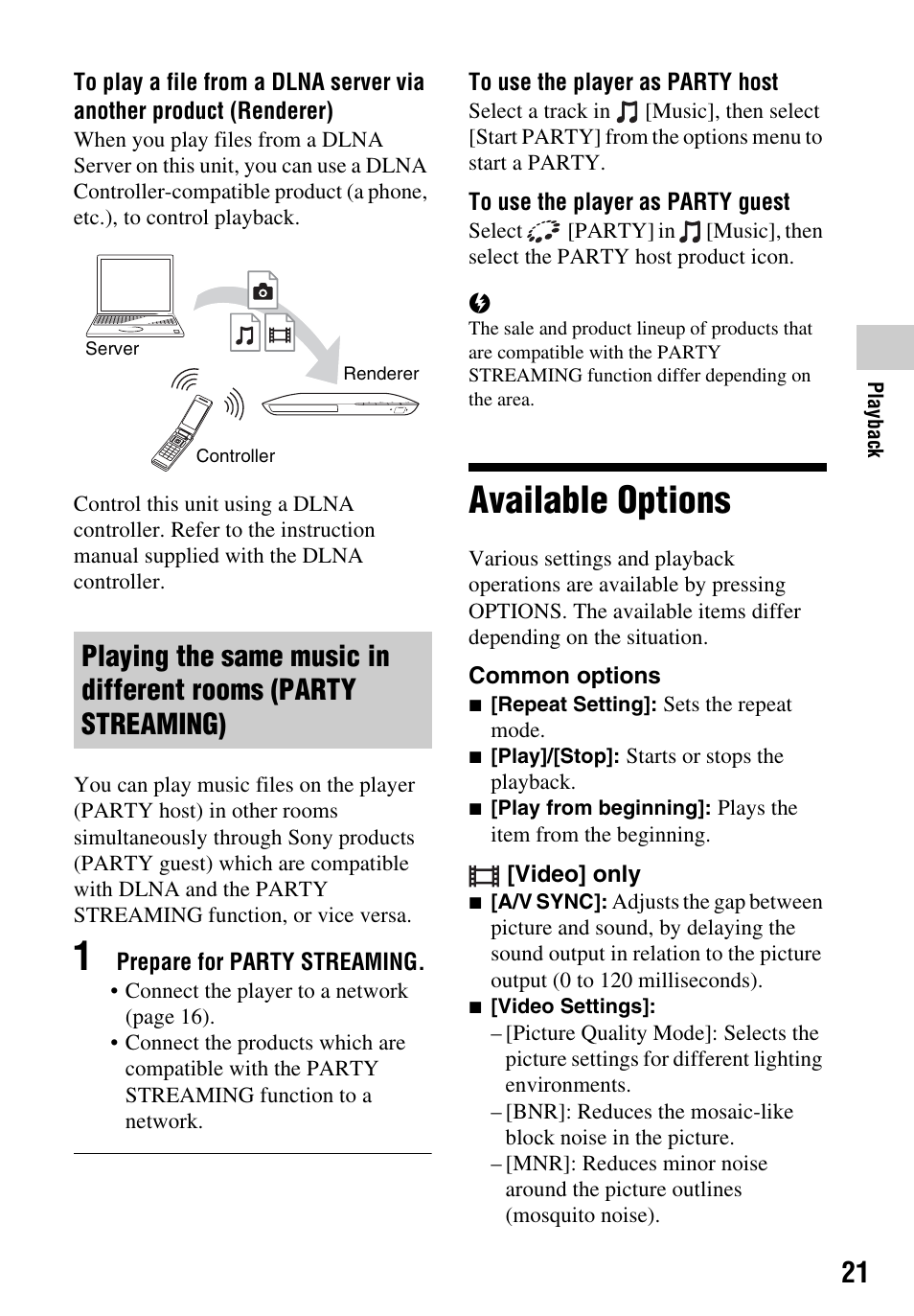 Available options | Sony Blu-ray Disc/DVD Player BDP-S390 User Manual | Page 21 / 40