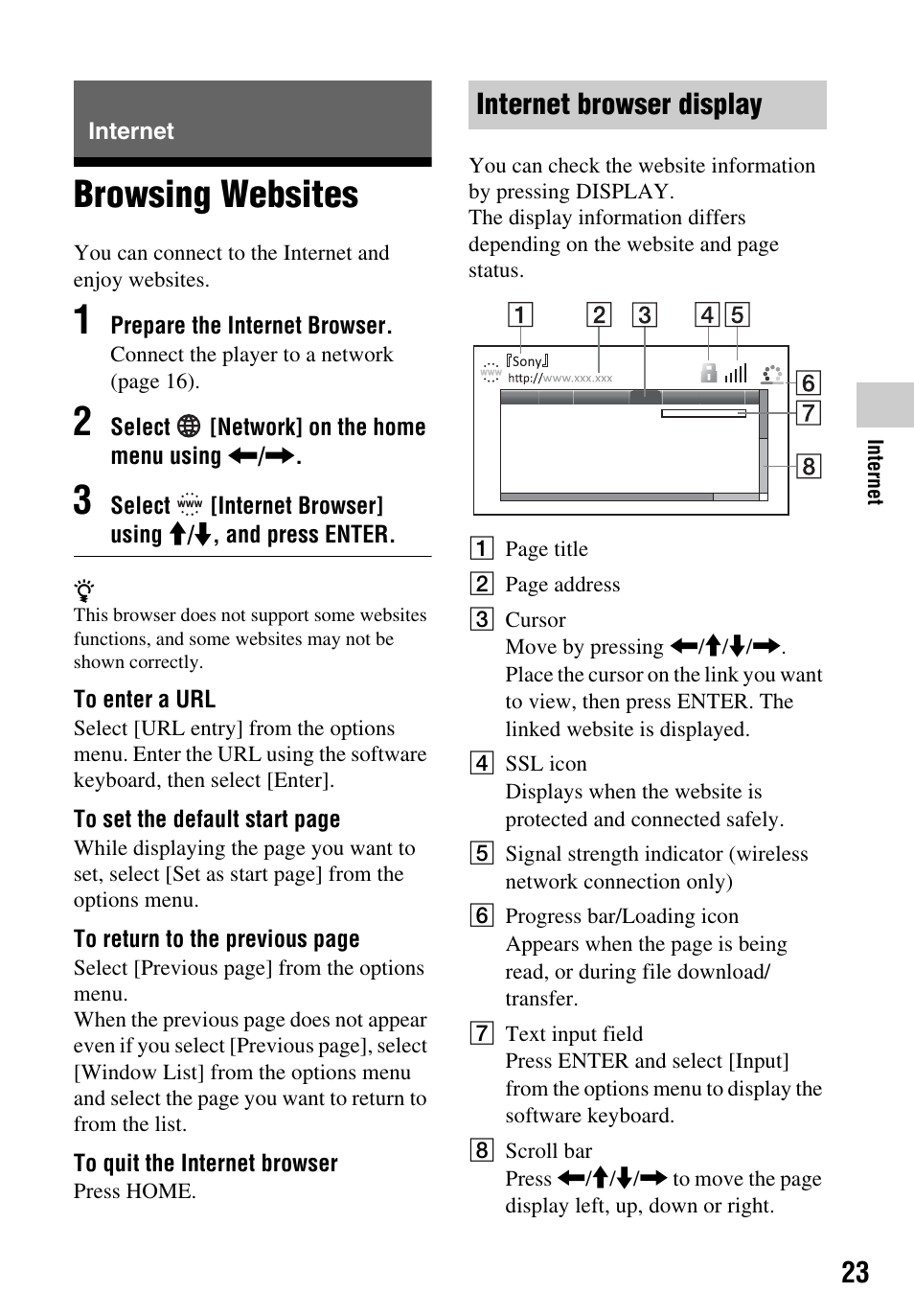 Internet, Browsing websites, Internet browser display | Sony Blu-ray Disc/DVD Player BDP-S390 User Manual | Page 23 / 40