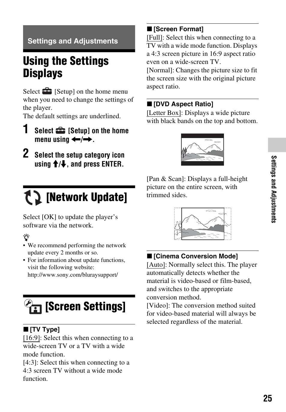 Settings and adjustments, Using the settings displays, Network update | Screen settings | Sony Blu-ray Disc/DVD Player BDP-S390 User Manual | Page 25 / 40